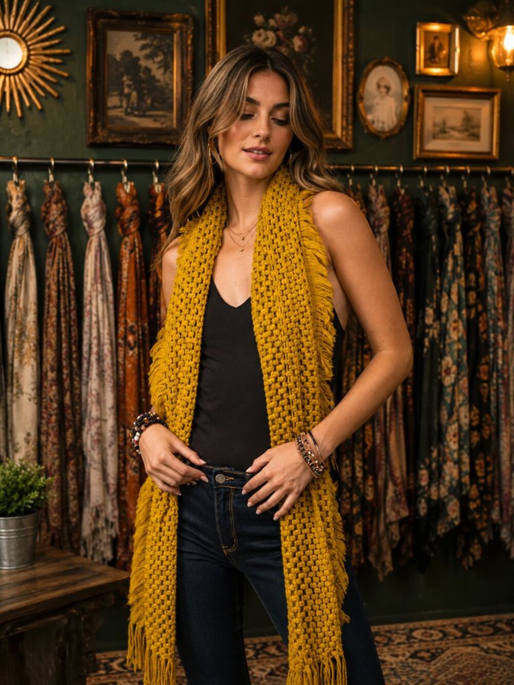 Mustard Yellow Net Scarf Fringe Tassel